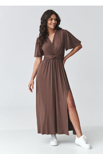 Brown daydress with v-neck, short flutter sleeves, belted waist, and side slit at hem
