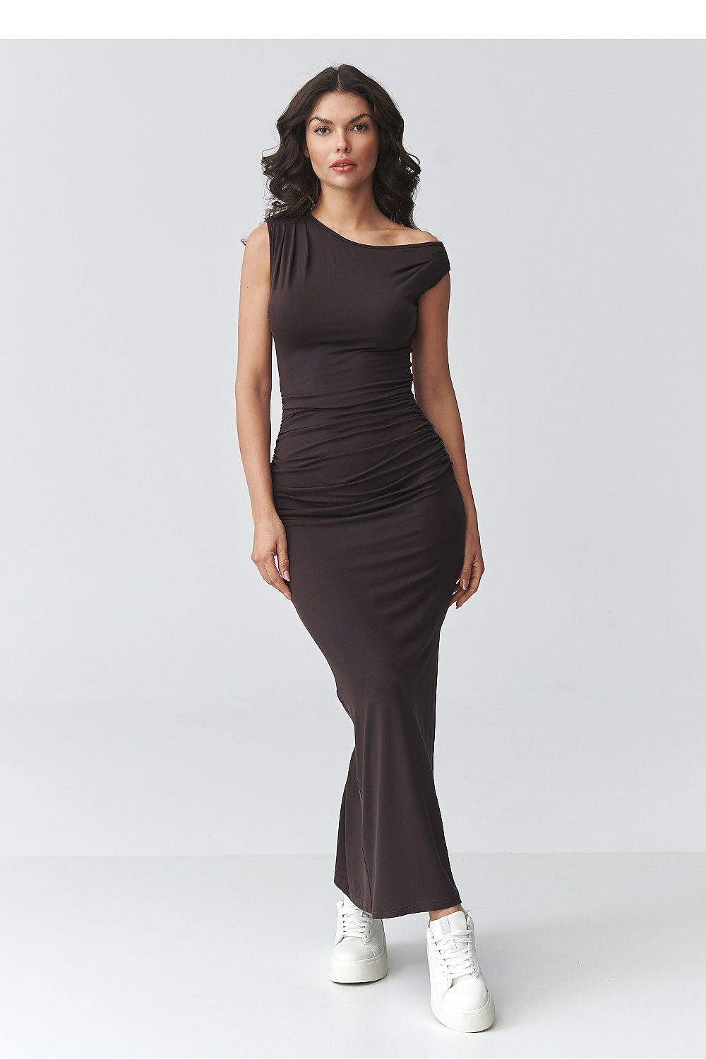 Dark brown ruched daydress with one-shoulder drape and cap sleeves, fitted midi