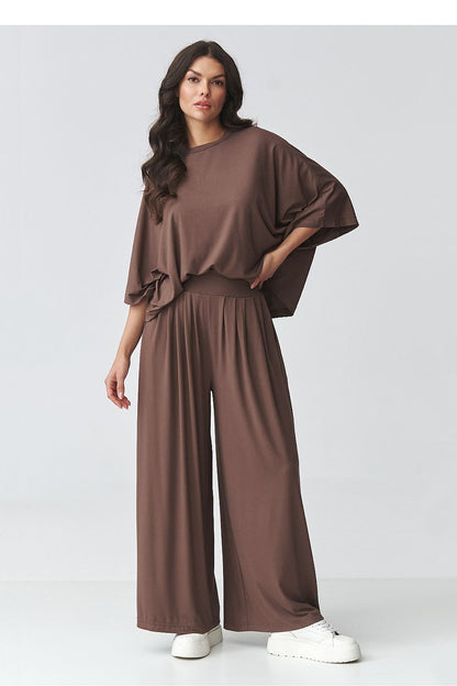 Brown two-piece outfit set with wide batwing top and relaxed wide-leg pants