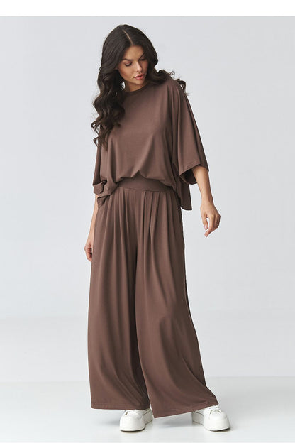 Brown loose top and wide-leg pants set with draped sleeves and elastic waist