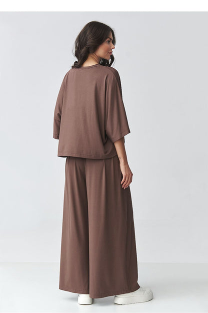 Brown two-piece outfit set with dolman-style top and flowing wide-leg trousers