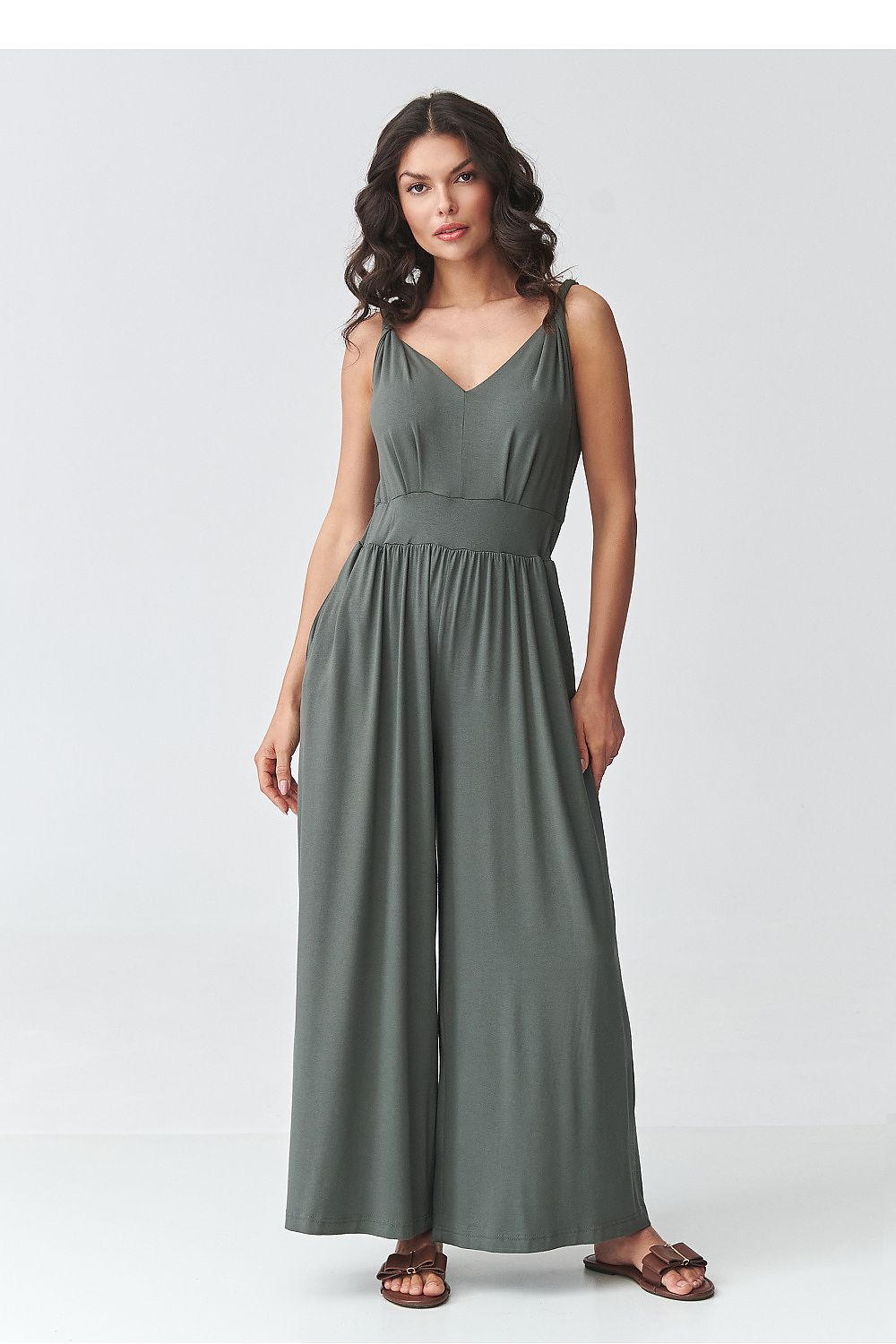 Olive green sleeveless V-neck wide-leg jumpsuit with gathered waist
