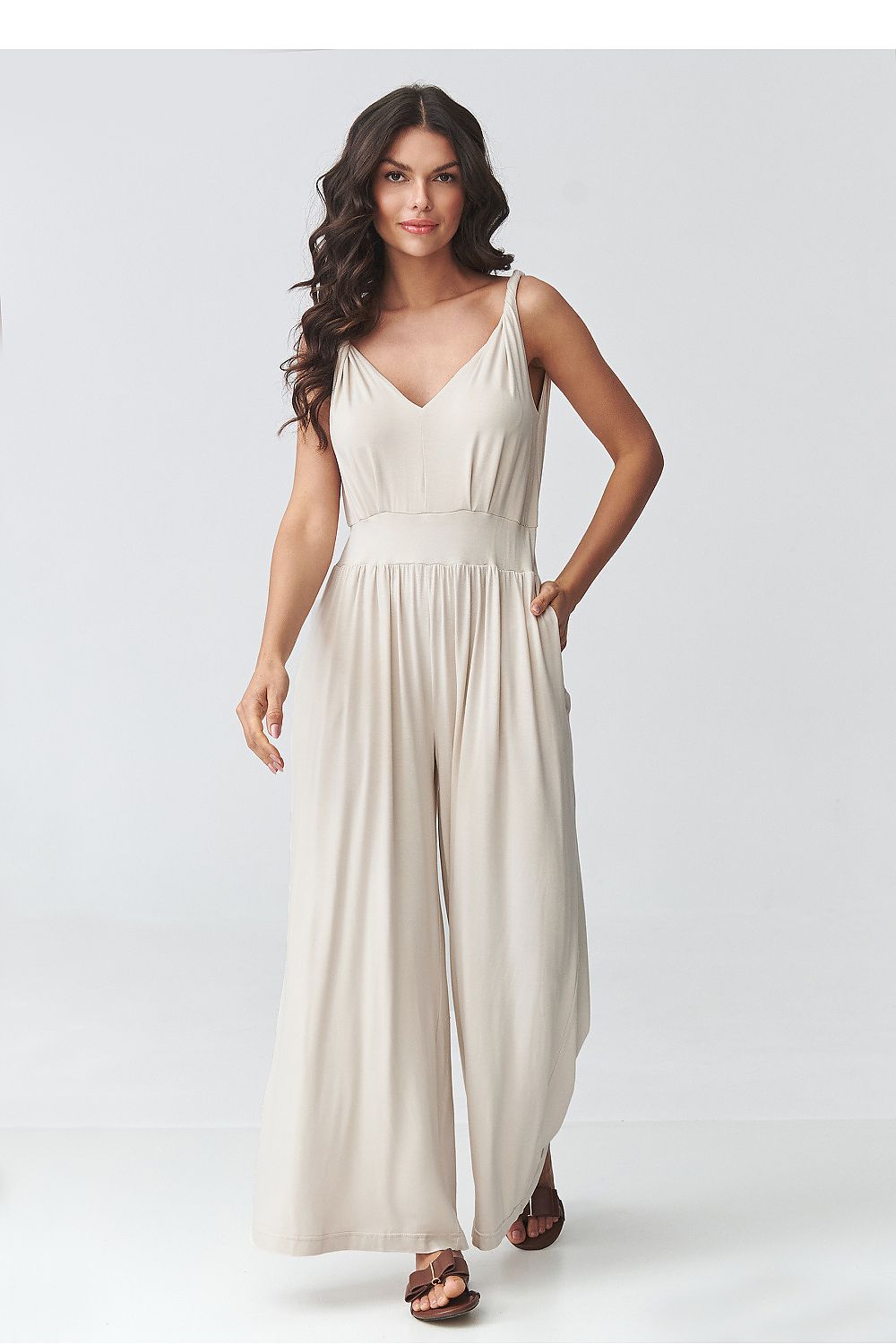 Beige sleeveless V-neck wide-leg jumpsuit with gathered waist
