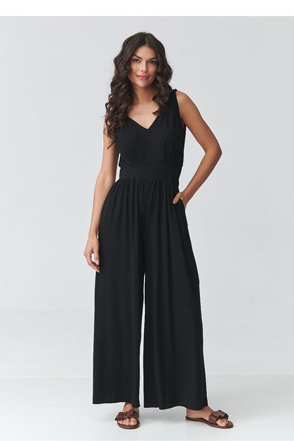 Black sleeveless V-neck wide-leg jumpsuit with gathered waist, full front