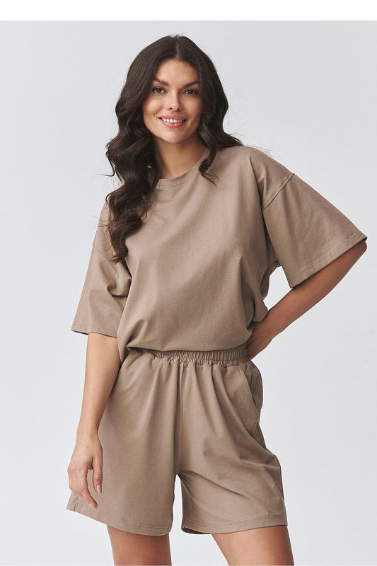 Makadamia two-piece set, short-sleeve top and elastic-waist shorts in tan