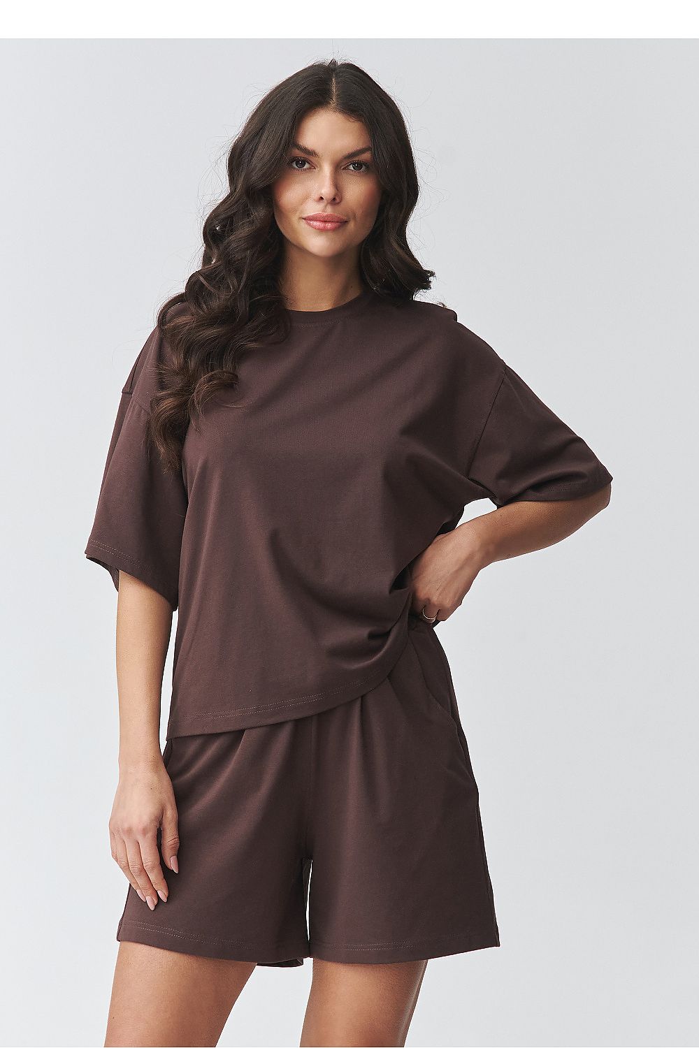 Dark brown two-piece short set: oversized T-shirt and relaxed elastic waist shorts