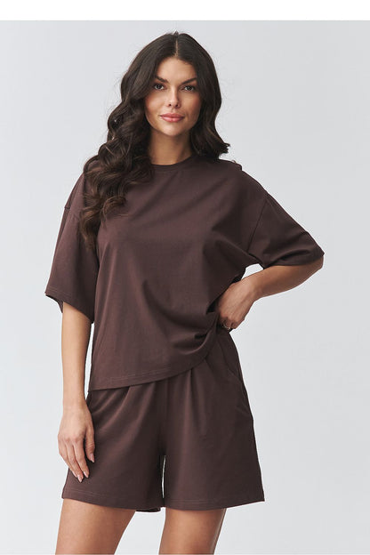 Dark brown two-piece short set: oversized T-shirt and relaxed elastic waist shorts