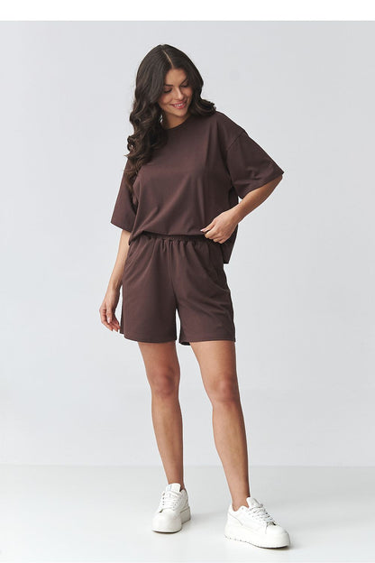 Dark brown two-piece short set with loose T-shirt and elastic waist shorts