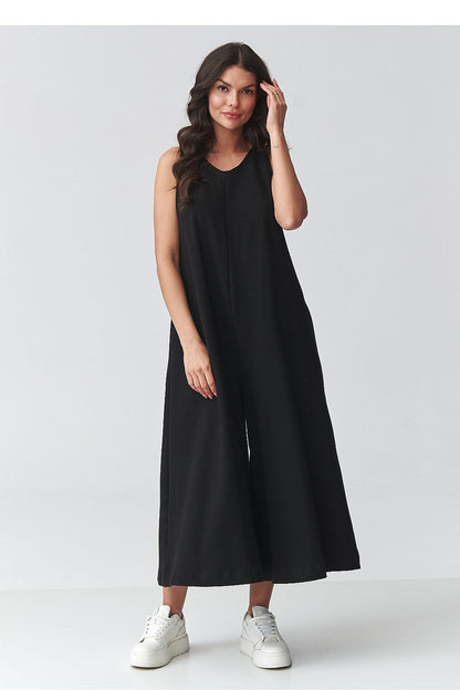 Black sleeveless wide-leg jumpsuit with long draped bodice and relaxed ankle-length legs
