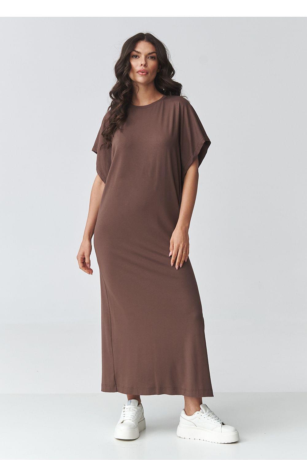 Brown midi daydress with round neck, short batwing sleeves, and loose A-line silhouette