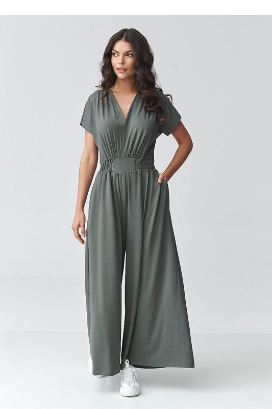 V-neck maxi dress with short sleeves and cinched waist, olive-green