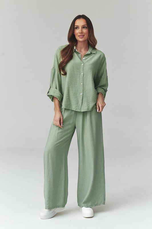 Green button-up blouse and wide-leg pants two-piece set, rolled sleeves