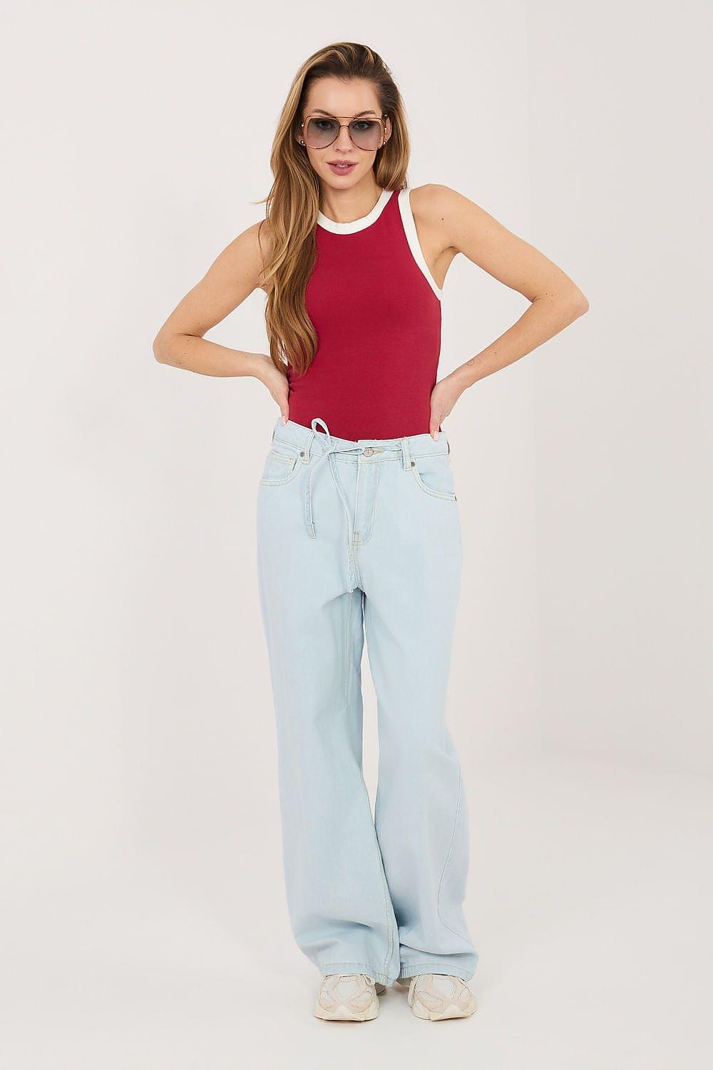 Light blue wide-leg jeans with button fly, belt loops, and front pockets