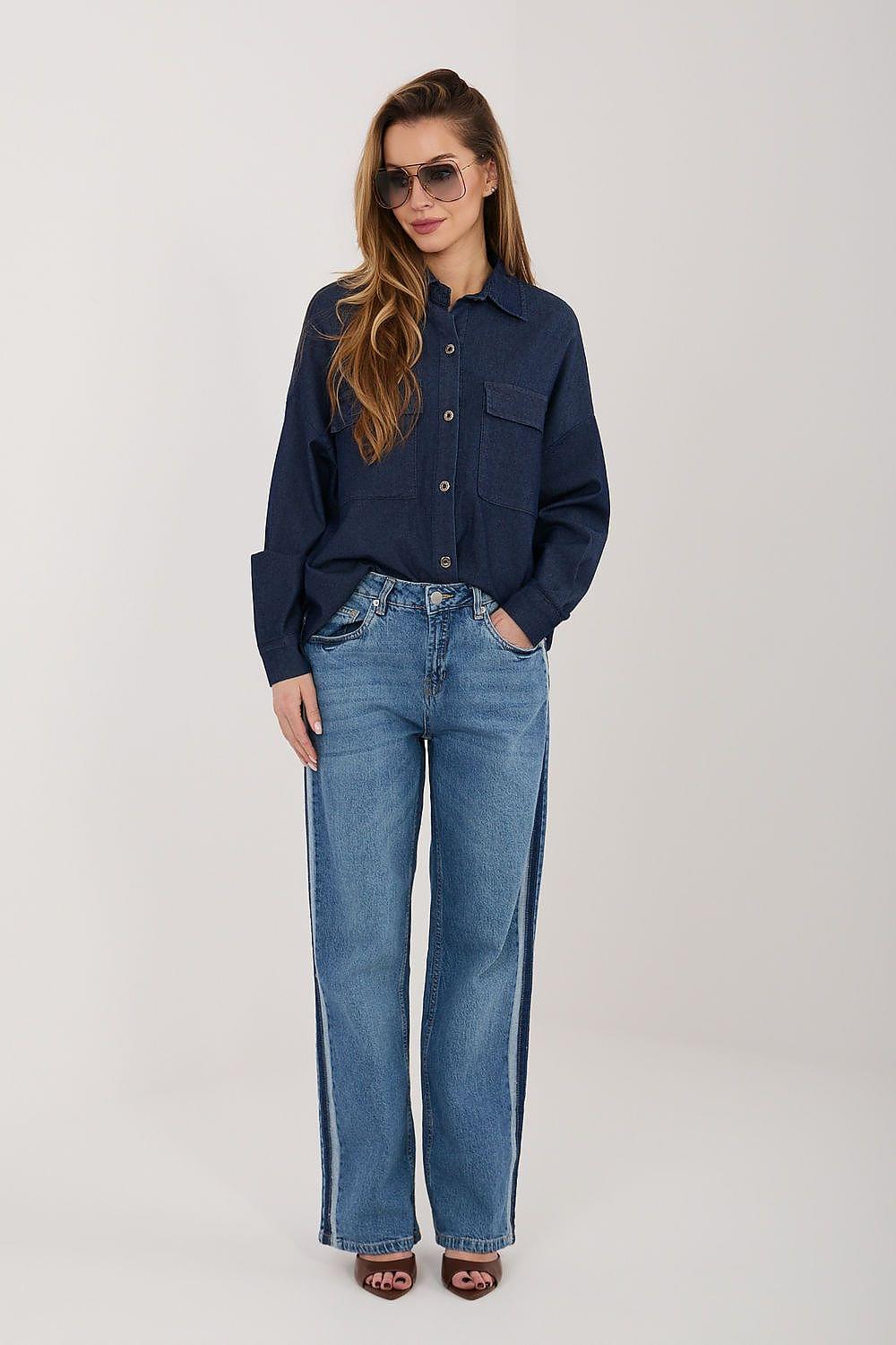 Blue denim jeans with wide legs and button fly, mid-rise wash