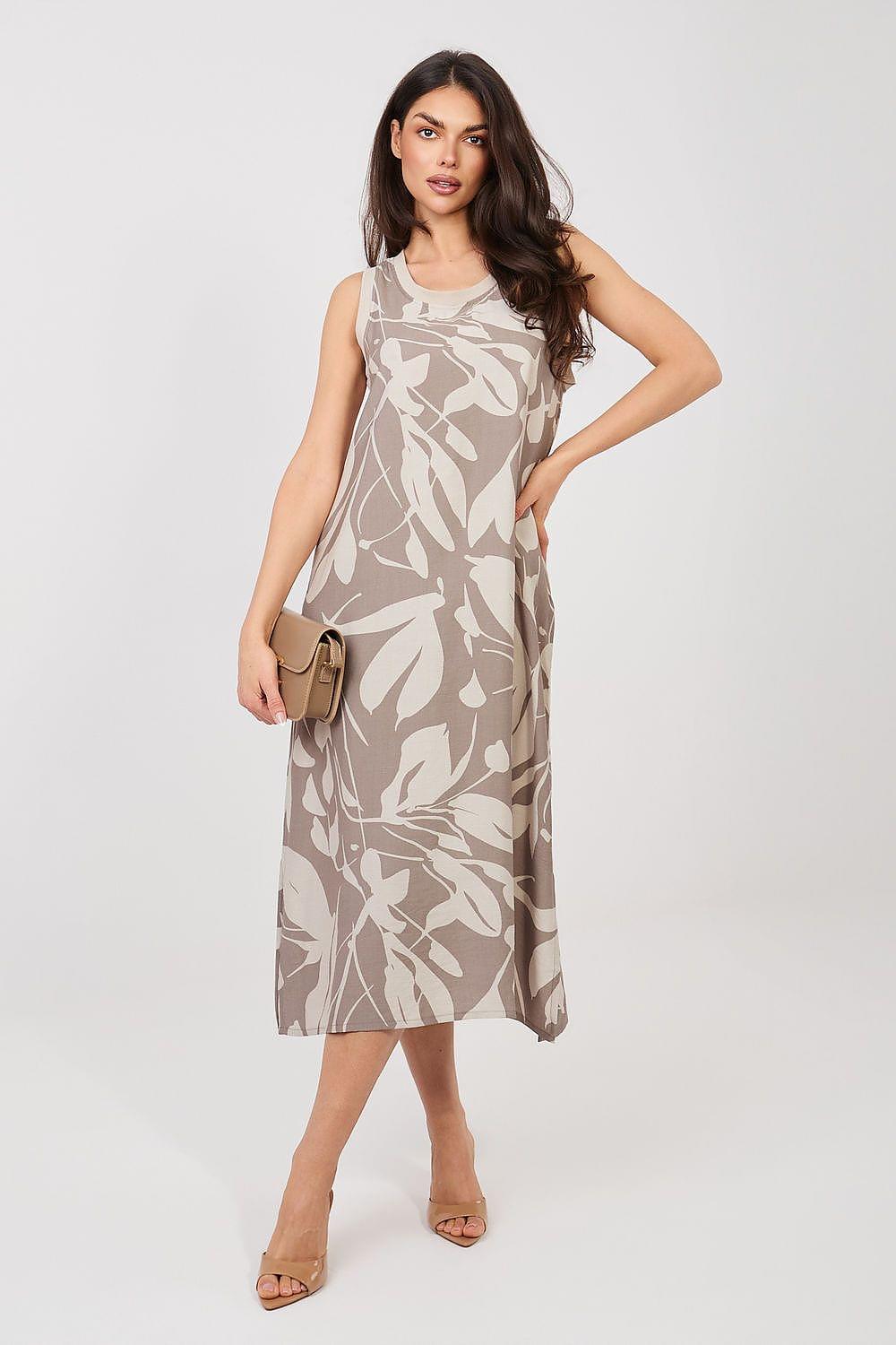 Beige sleeveless midi day dress with white leaf print, side slit
