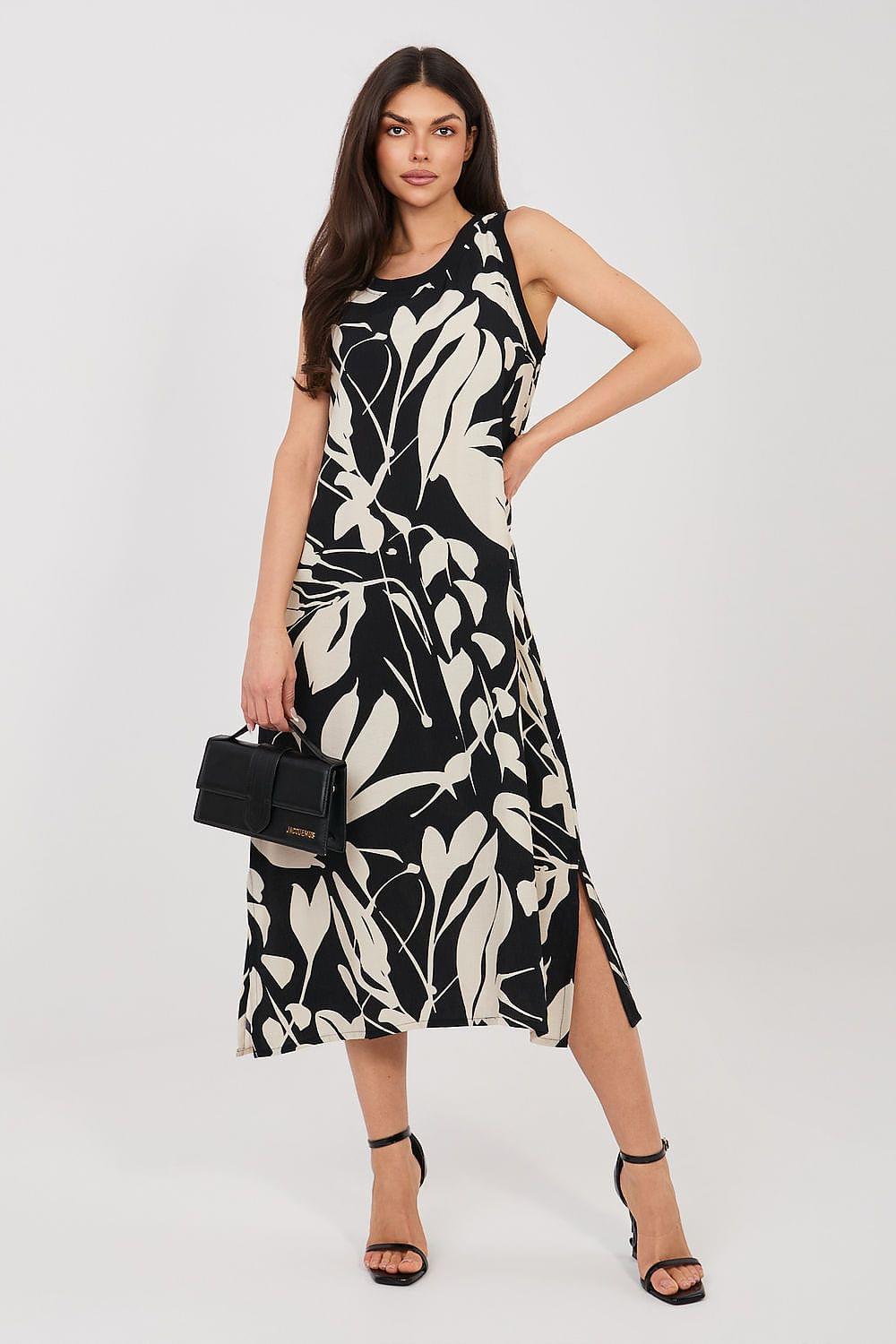 Black sleeveless midi day dress with cream leaf print, side slit hem