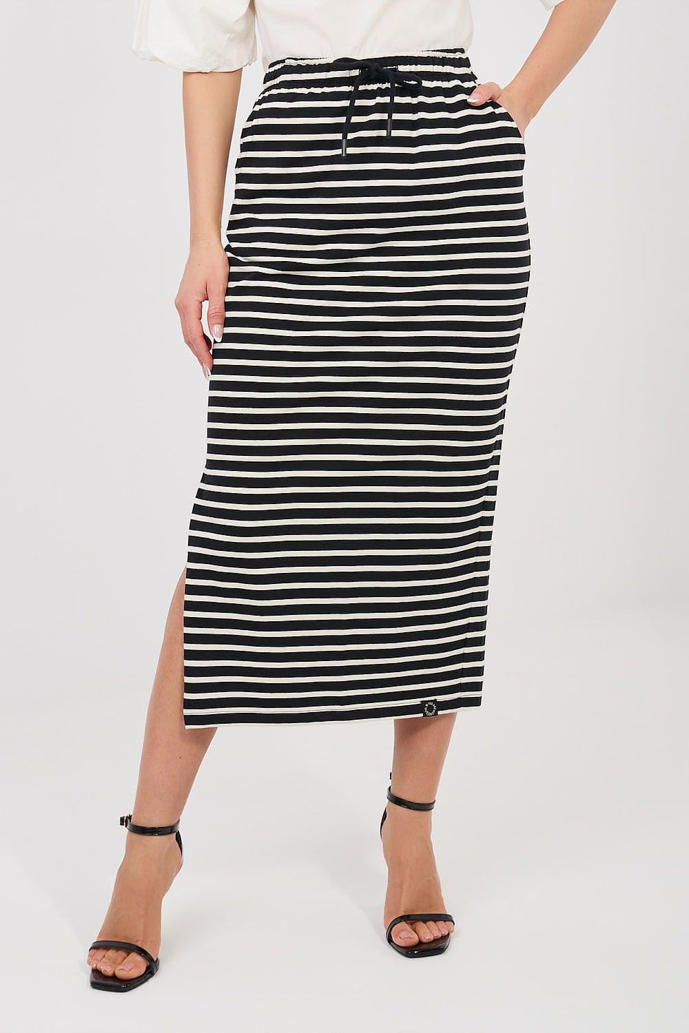 Black-and-white striped midi pencil skirt with elastic drawstring waist and side slit