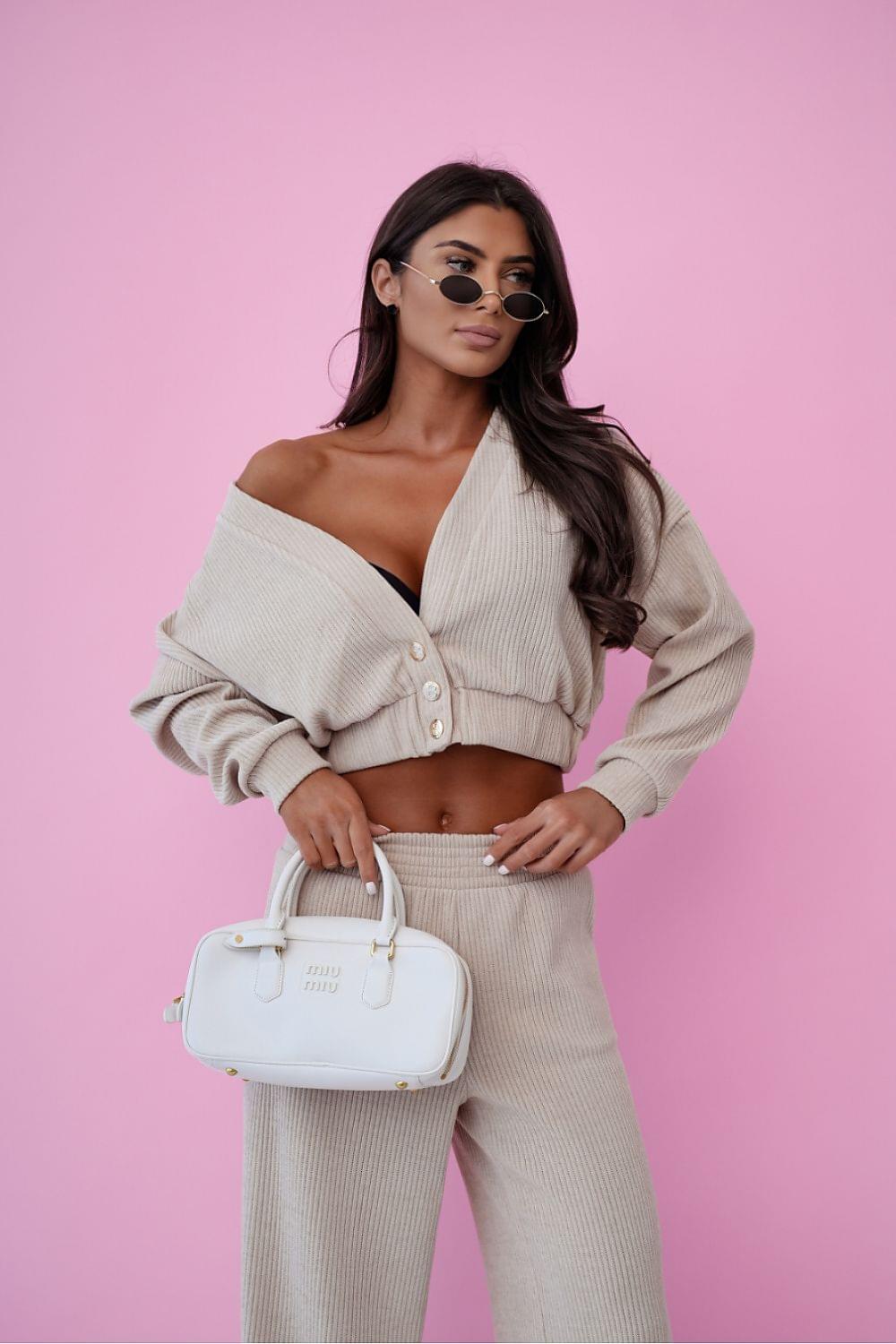 Beige knit V-neck cardigan crop top with matching wide-leg pants set