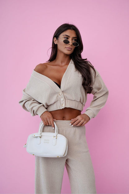 Beige knit V-neck cardigan crop top with matching wide-leg pants set