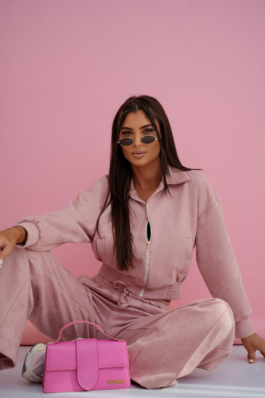 Light pink zip-up hoodie and wide-leg pants set with drawstring waist