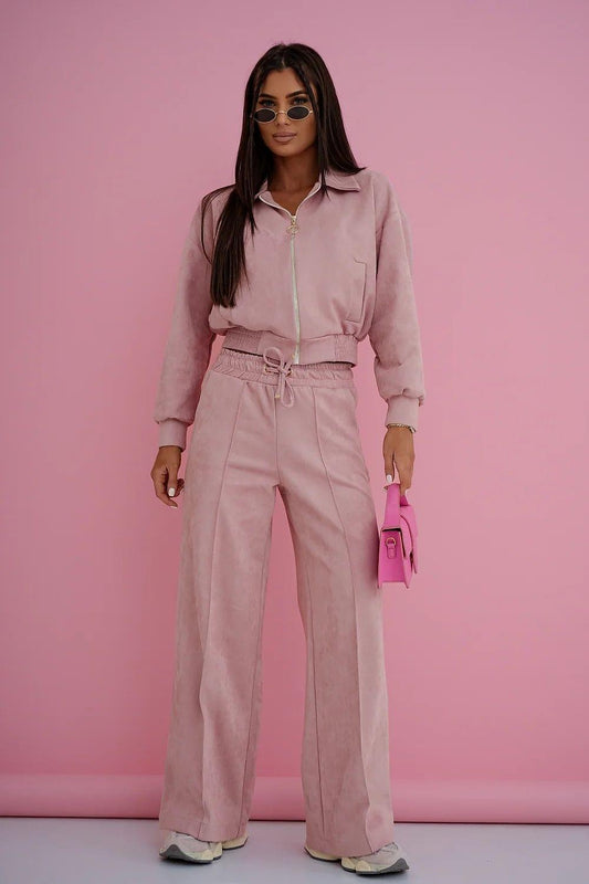 Light pink zip hoodie and matching wide-leg pants set with drawstring waist