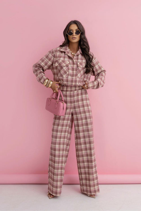 Taupe plaid two-piece set with button shirt and wide-leg pants