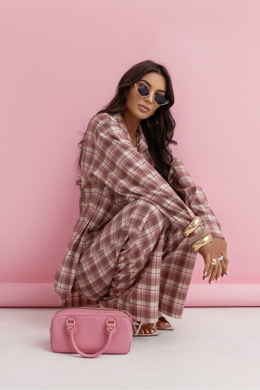 Taupe plaid wrap-style two-piece set with button shirt and wide-leg pants