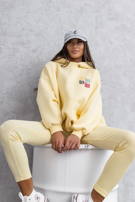 LaBalancia yellow hoodie and jogger set with chest logo, matching jogger pants