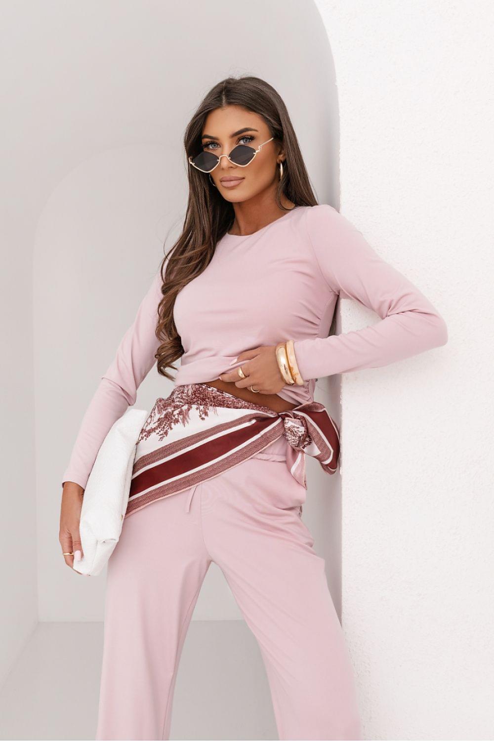 Light pink long-sleeve top and wide-leg pants set with waist tie
