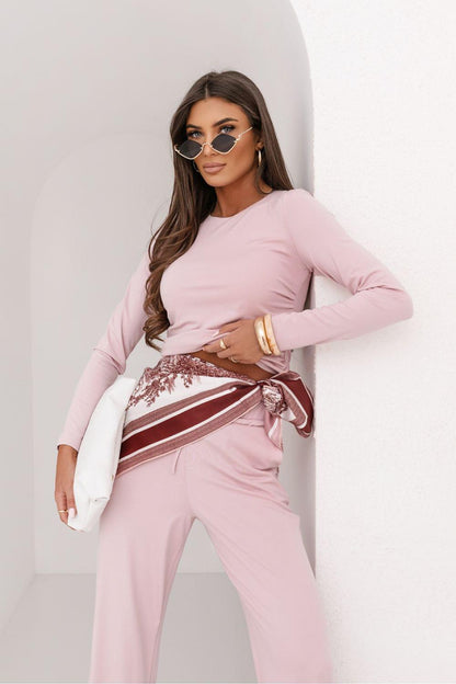 Light pink long-sleeve top and wide-leg pants set with waist tie