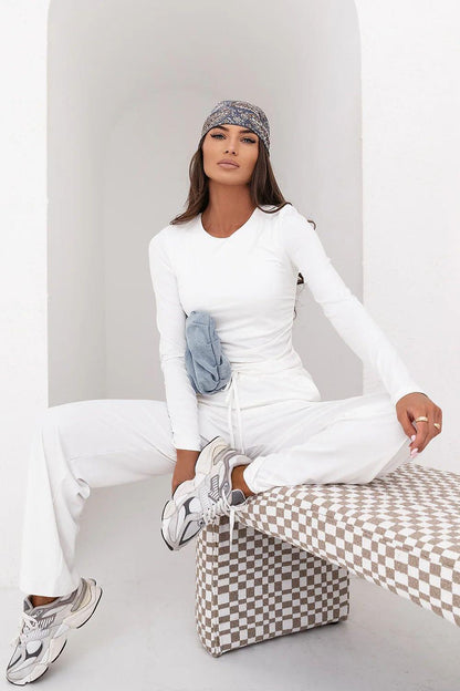 White long-sleeve top and wide-leg pants set