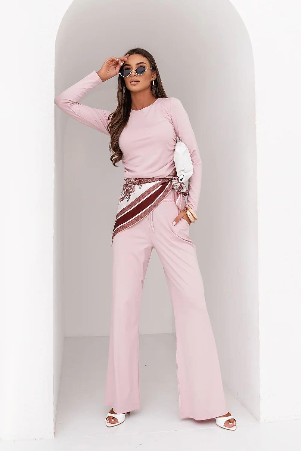 Light pink long-sleeve top and wide-leg pants set with drawstring waist