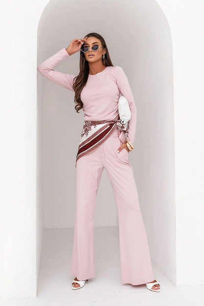 Light pink long-sleeve top and wide-leg pants set with drawstring waist