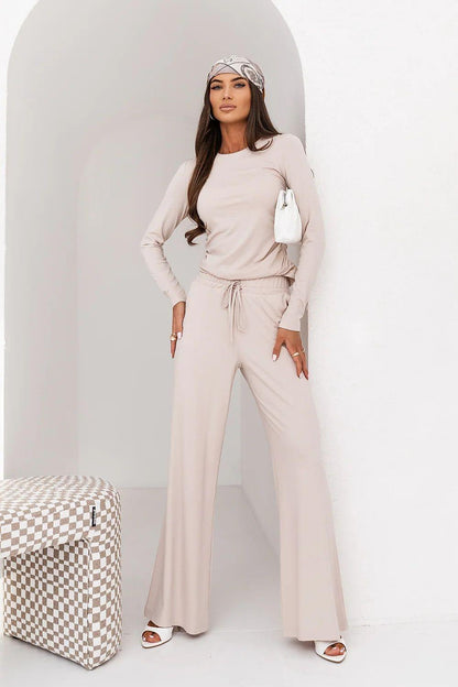 Cream two-piece lounge set with long-sleeve top and drawstring waist wide-leg pants