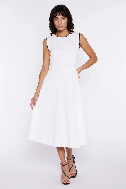 White sleeveless day dress with fitted bodice and knee-length flared skirt