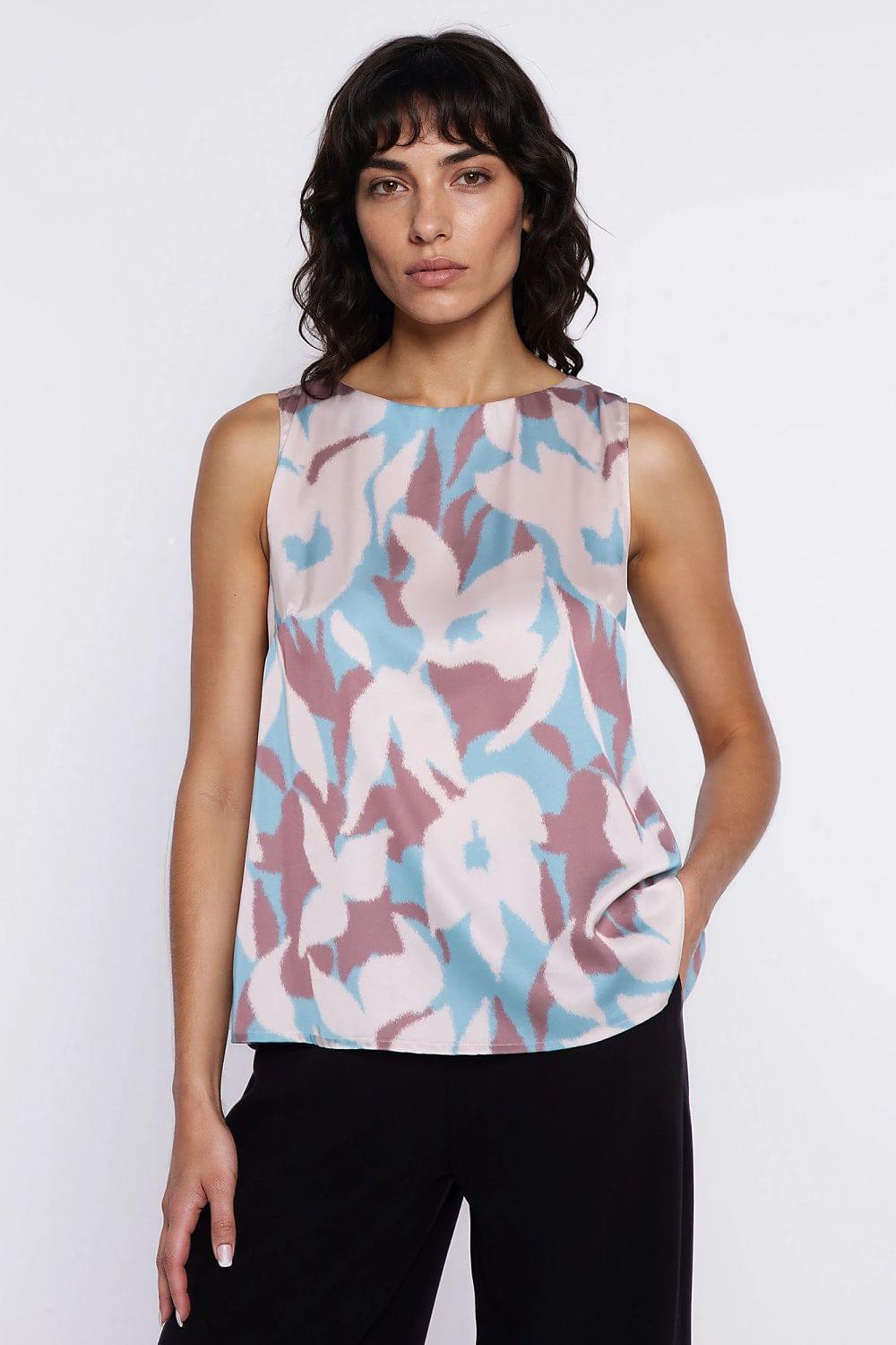 Sleeveless abstract-print blouse with round neckline, pastel blue and pink