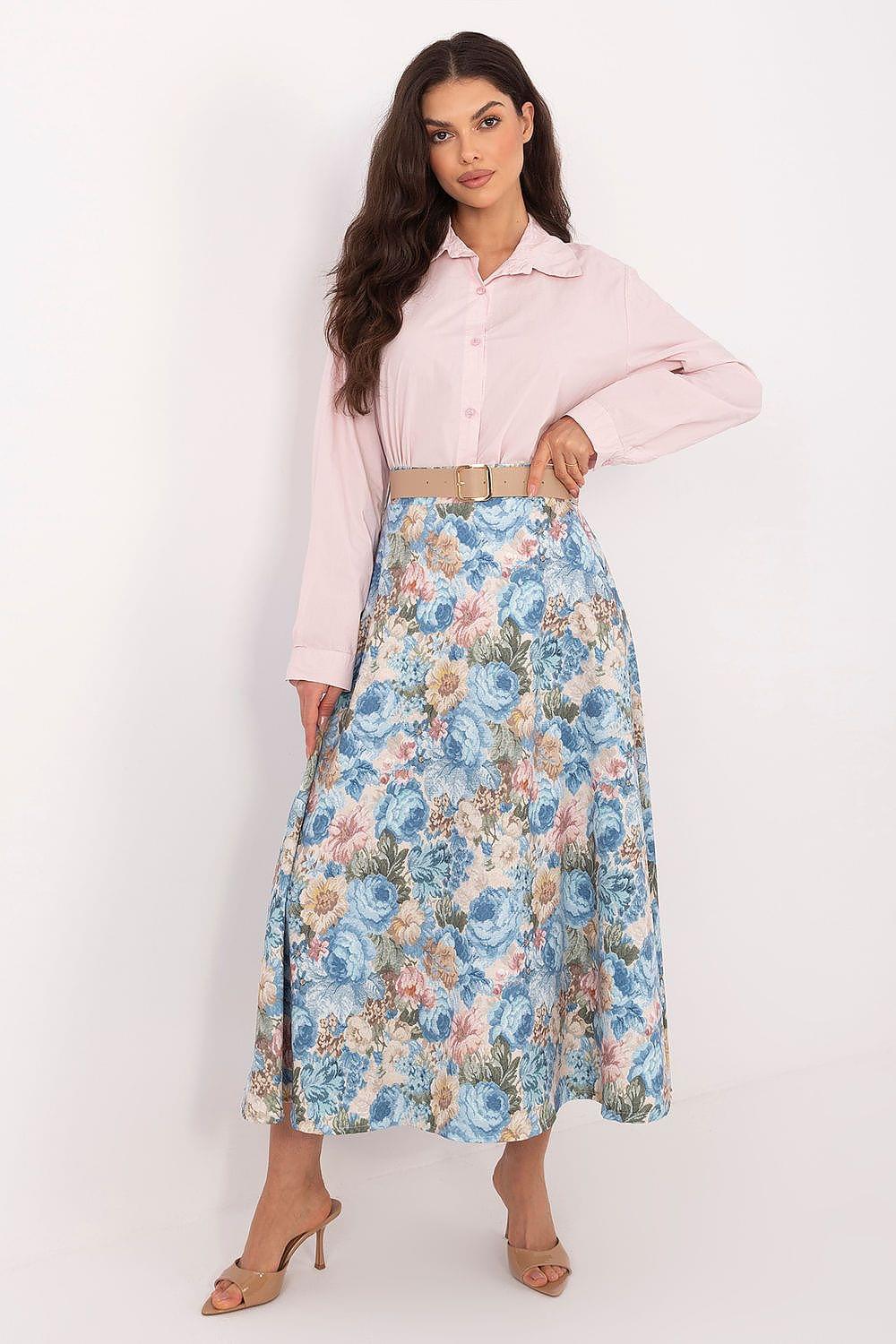 Blue floral midi skirt with gathered waist and full A-line silhouette.