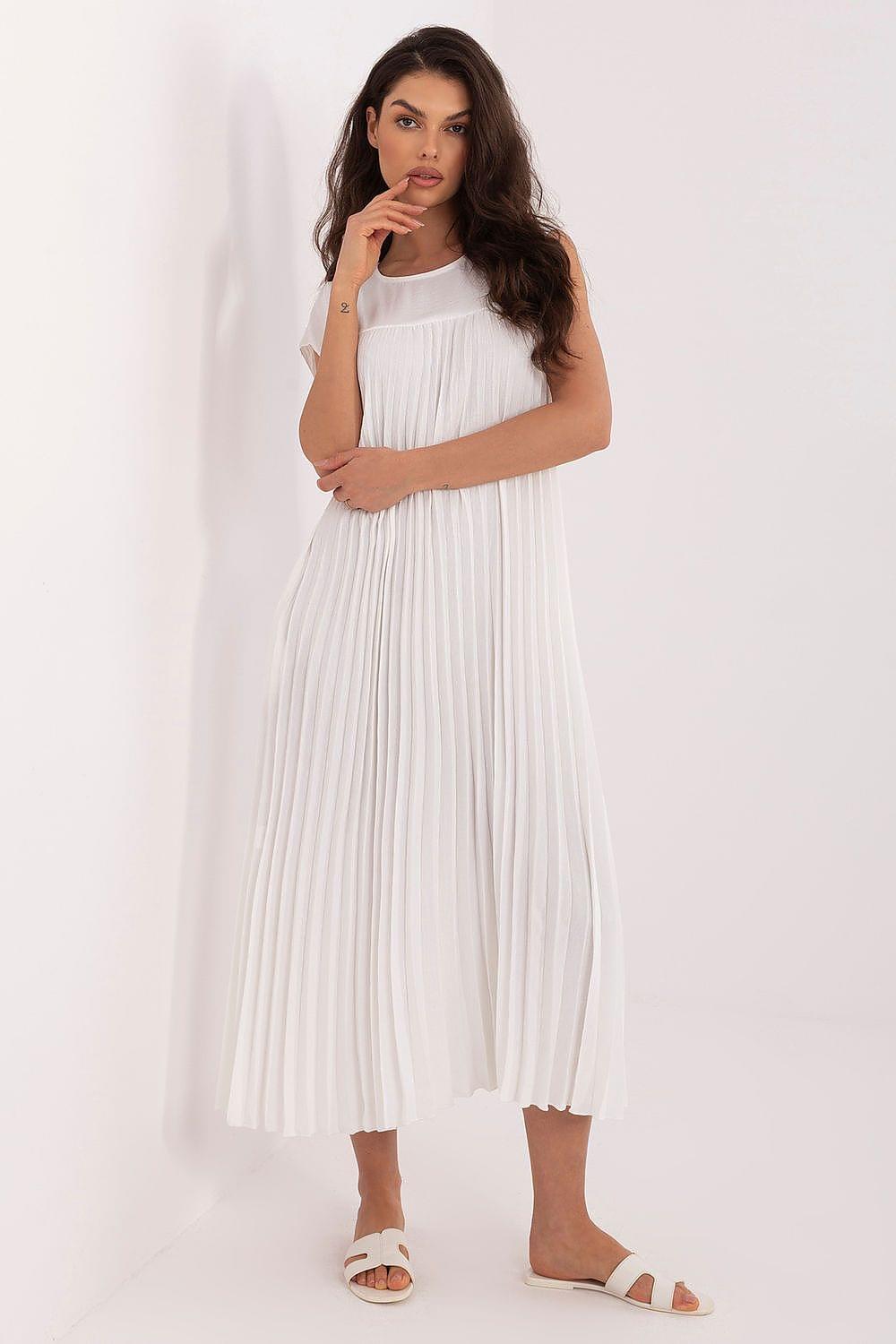 White pleated daydress with short sleeves, scoop neckline, midi hem