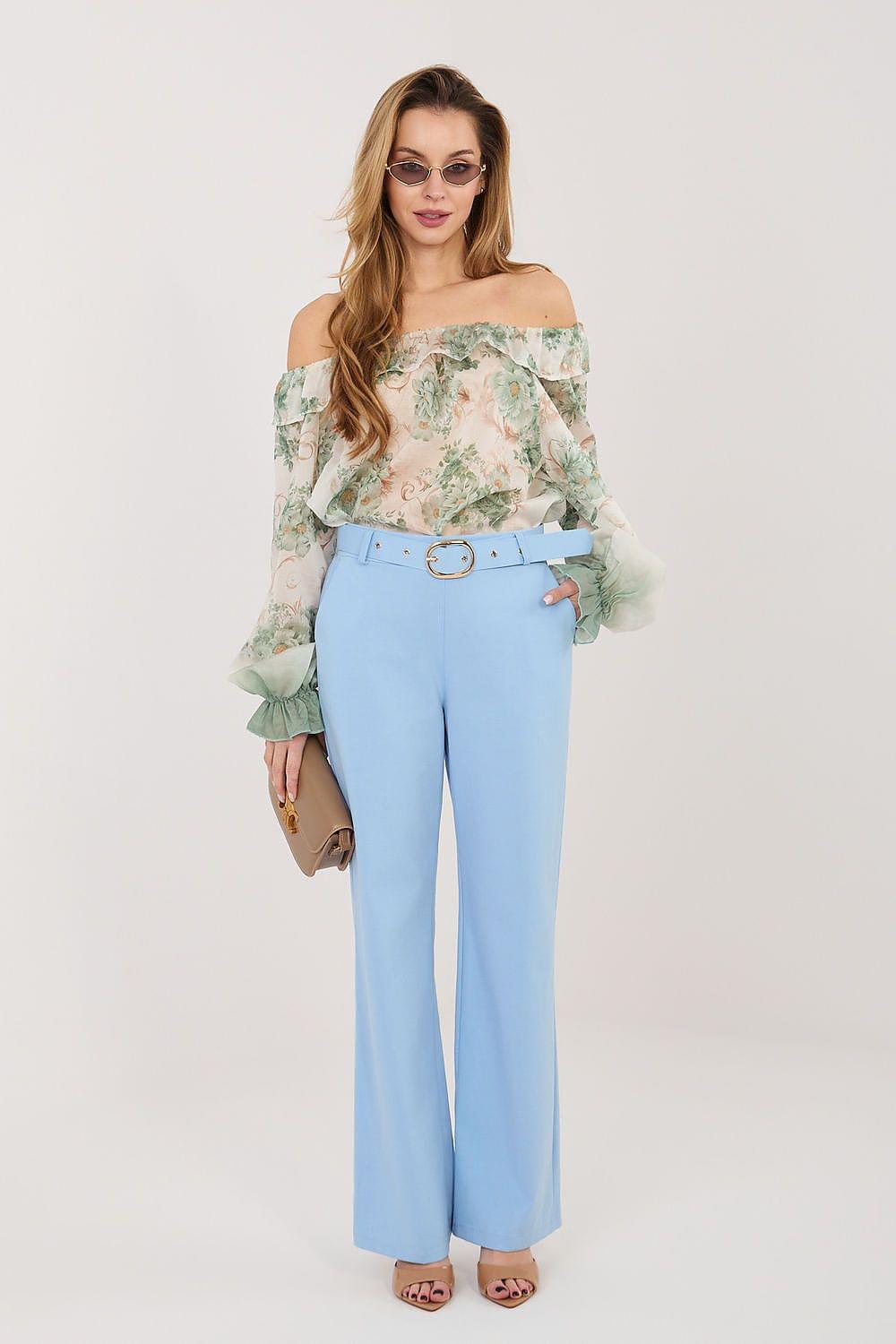 Women’s trousers Rue Paris, light blue high-waist wide-leg with belt loops