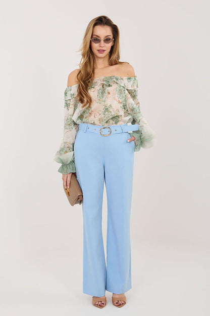 Women’s trousers Rue Paris, light blue high-waist wide-leg with belt loops