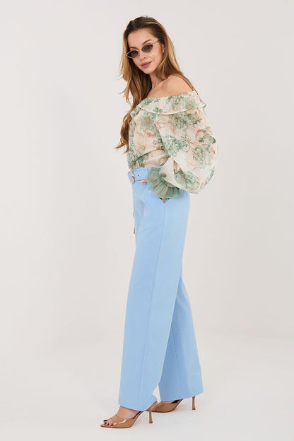 Women’s trousers Rue Paris, light blue high-rise wide-leg pants, side view