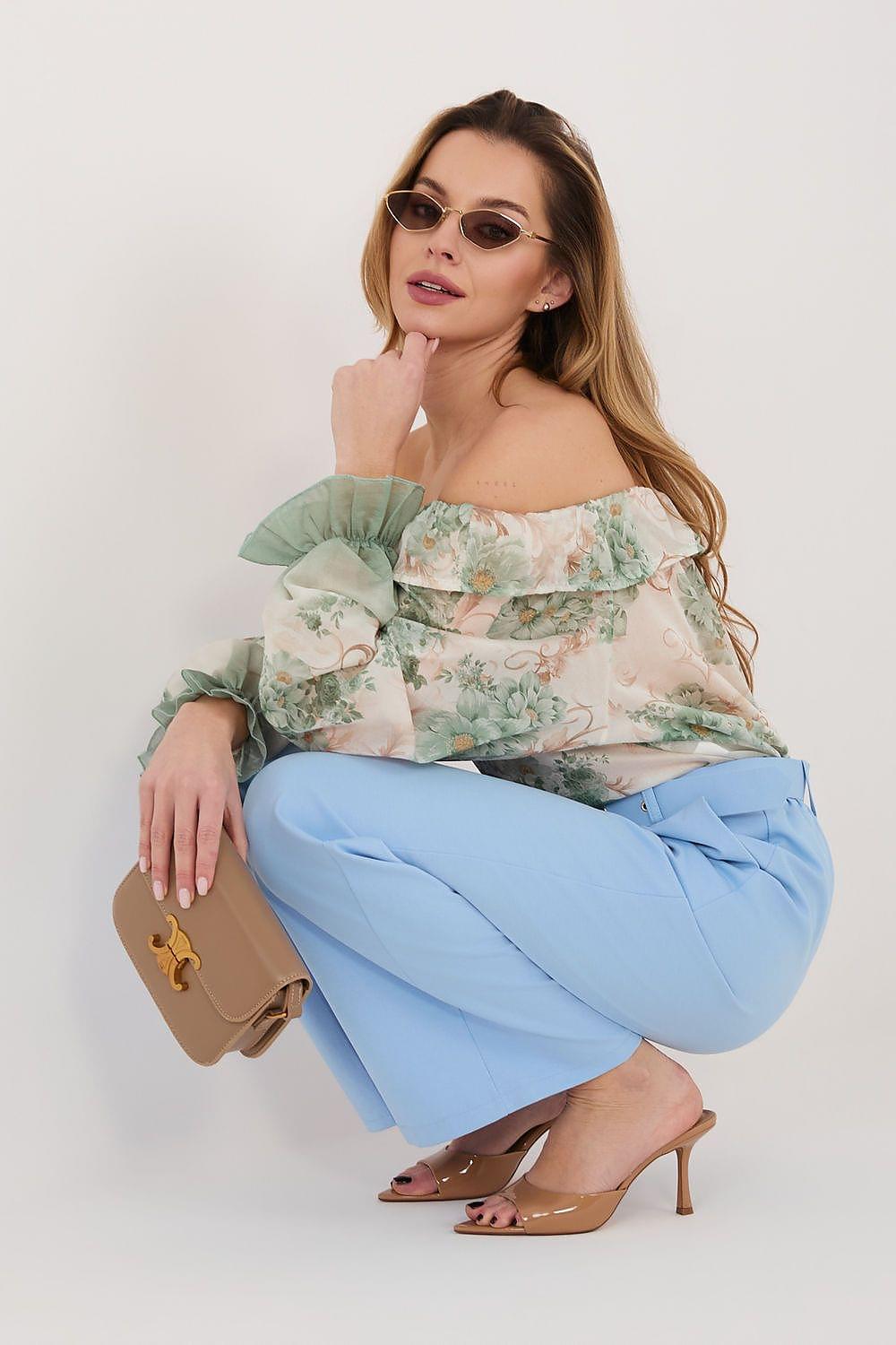 Women’s trousers Rue Paris, light blue high-waist wide-leg pants with belt
