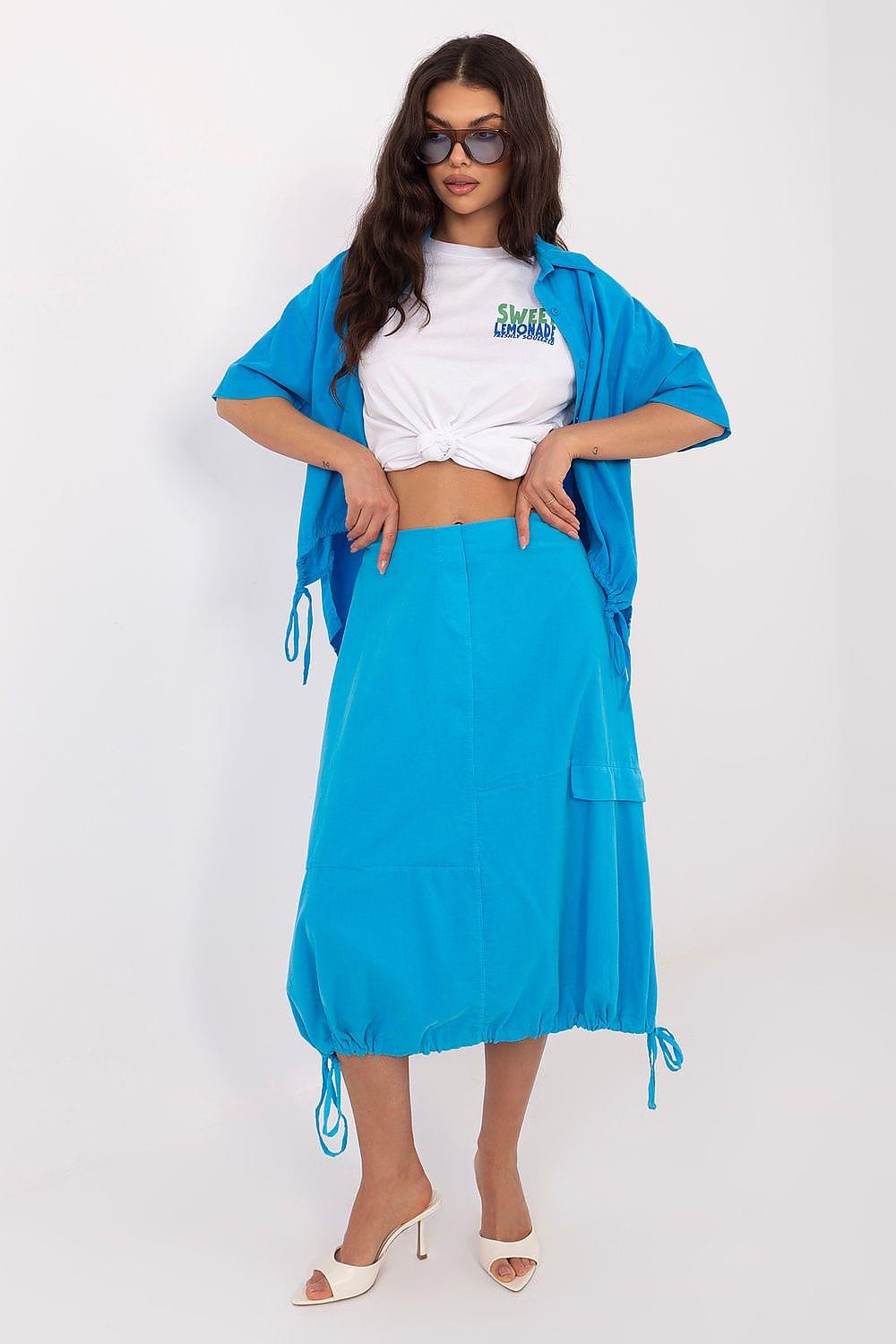 Blue midi skirt with drawstring hem and side pocket with flap