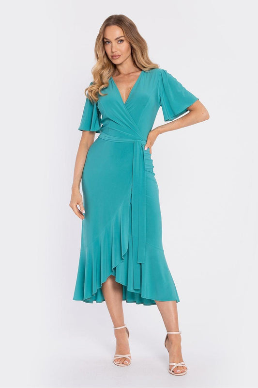 Teal wrap daydress with V-neck, short sleeves, tie waist, and ruffled midi hem