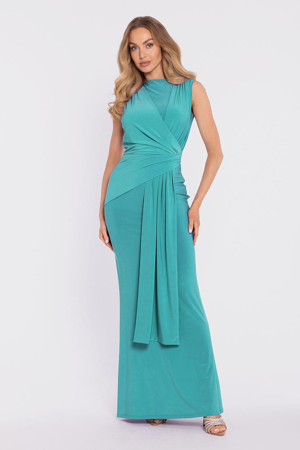Moe long dress in teal, sleeveless V-neck with draped waist and side slit