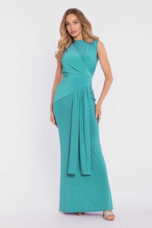 Teal sleeveless maxi dress with draped crossover bodice and layered side detail