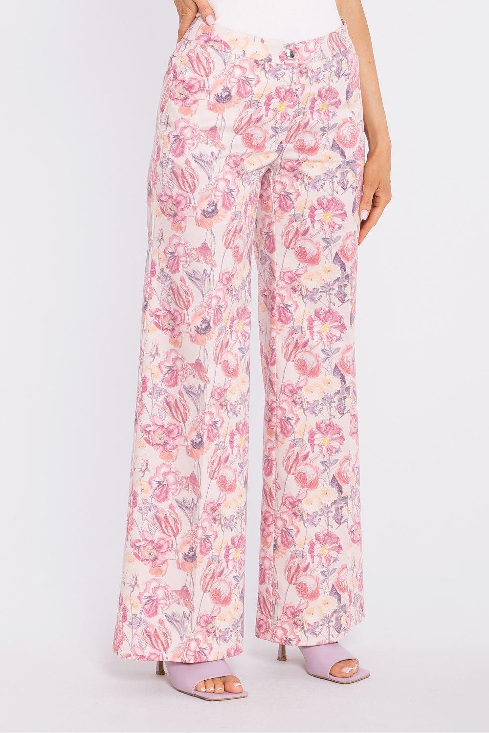 Women’s wide-leg trousers in pink floral print, elastic waistband, ankle length