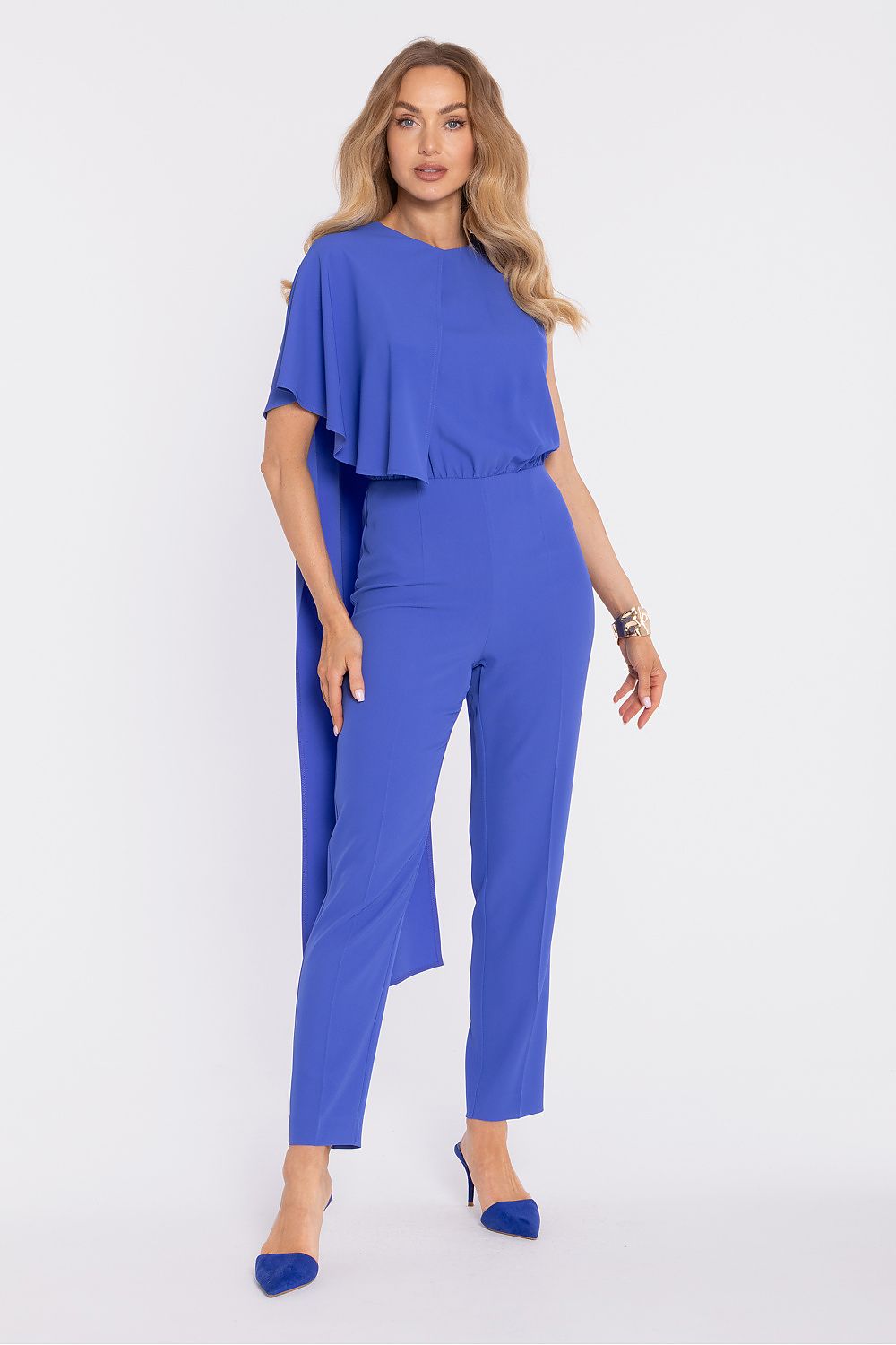 Blue sleeveless jumpsuit with layered top drape and tapered ankle-length trousers
