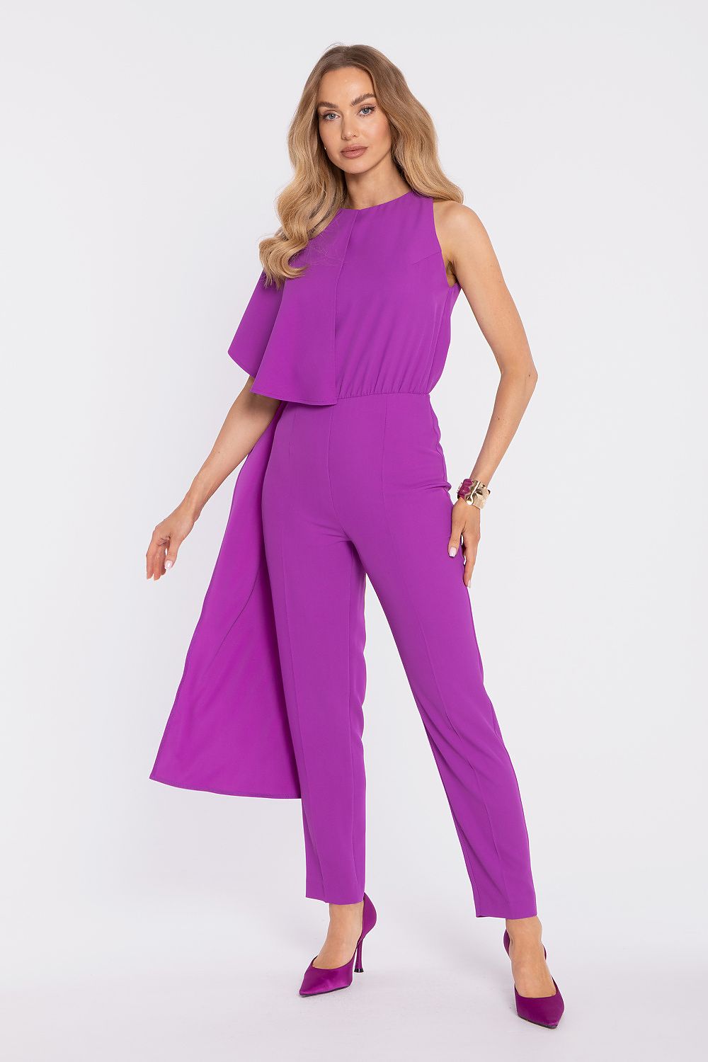 Purple sleeveless jumpsuit with layered cape top and tapered ankle-length trousers