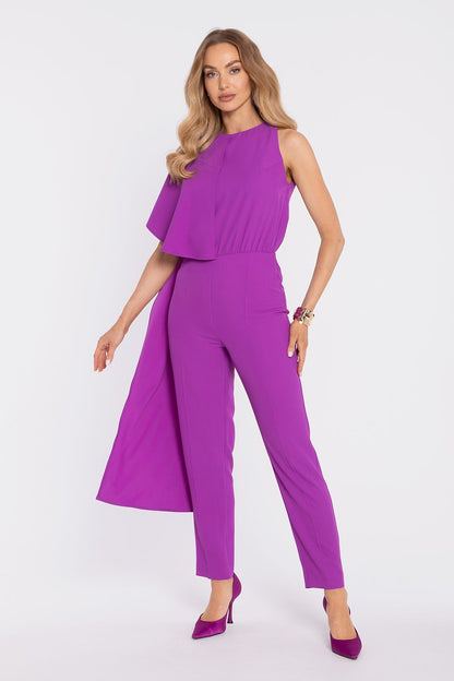 Purple sleeveless jumpsuit with layered cape top and tapered ankle-length trousers